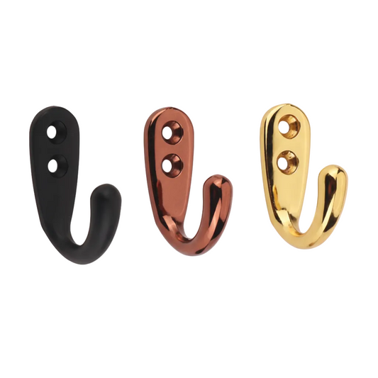 Trio of Fab7207 single khuti wall hooks in black, rose gold, and gold finishes made from durable zinc alloy for stylish home hardware.