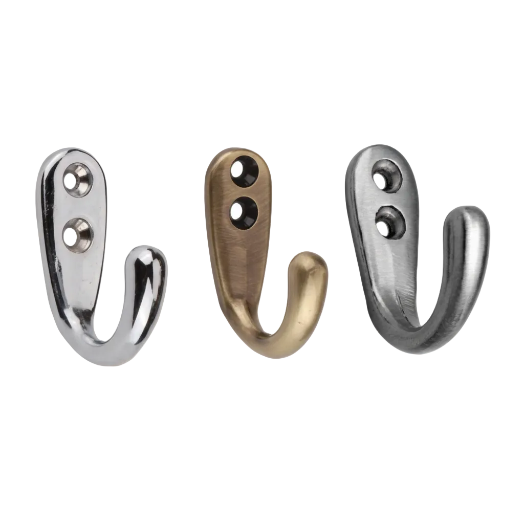 Collection of Fab7207 single khuti wall hooks in polished chrome, antique brass, and satin silver finishes with dual-screw mounting for home organization.