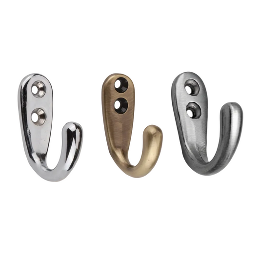 Collection of Fab7207 single khuti wall hooks in polished chrome, antique brass, and satin silver finishes with dual-screw mounting for home organization.