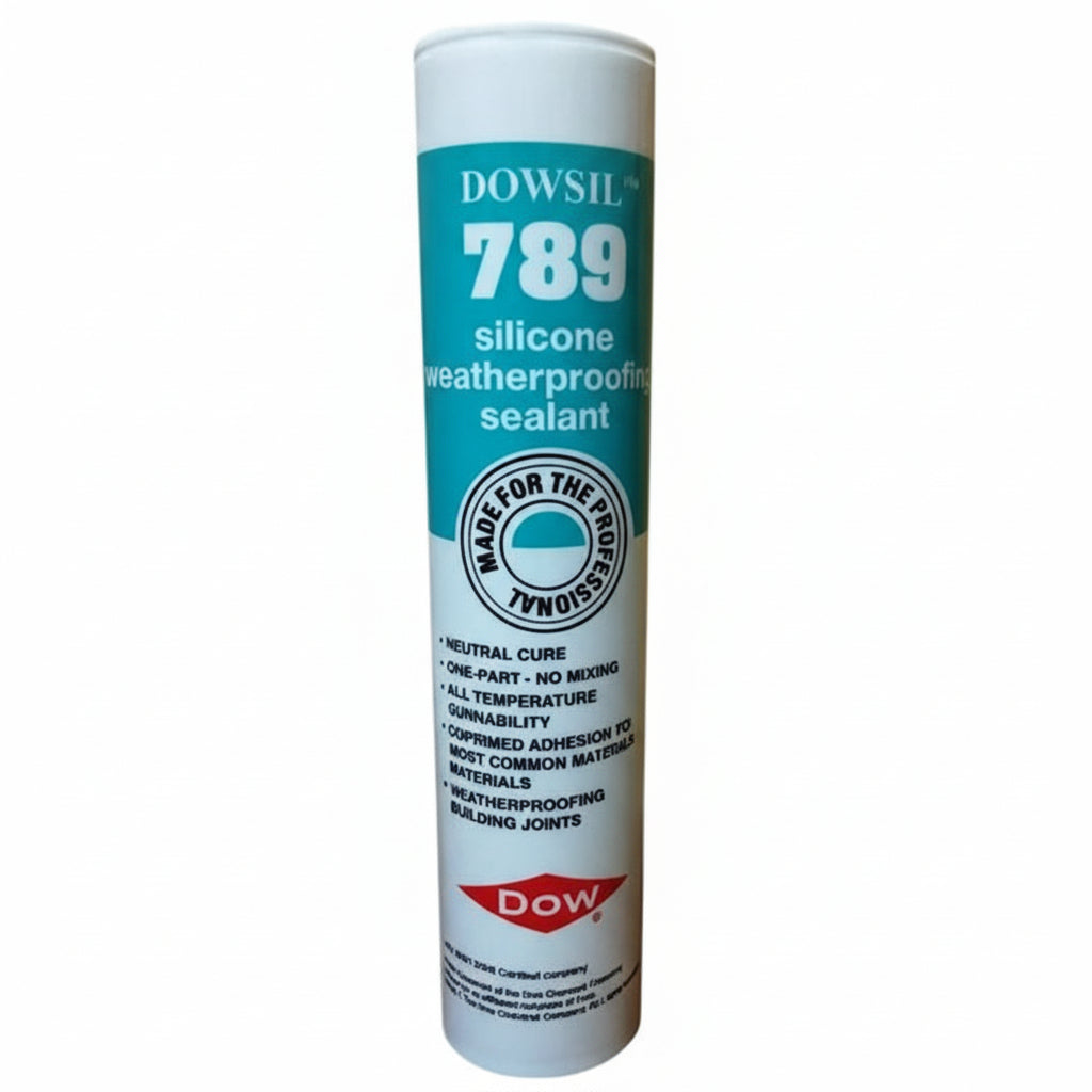 A 280ml cartridge of Dowsil 789 Silicone Weatherproofing Sealant, a professional-grade neutral cure adhesive. This one-part, no-mixing formula features all-temperature gunnability and unprimed adhesion to most common building materials. It is specifically designed for weatherproofing building joints, providing a durable and reliable seal for construction and renovation projects.