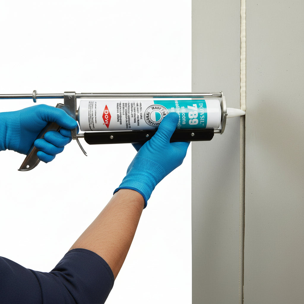 A professional application of Dowsil 789 Silicone Weatherproofing Sealant being applied with a heavy-duty caulking gun to a vertical building joint. The image demonstrates a person in blue safety gloves applying a precise, uniform bead of white neutral-cure sealant. This high-performance adhesive is designed for weatherproofing building joints and providing a durable, professional-grade seal in construction and renovation projects.