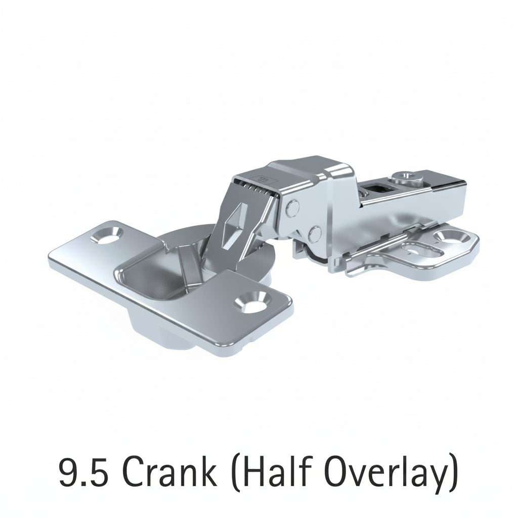 A professional-grade 9.5 crank half overlay concealed cabinet cup hinge made of durable nickel-plated steel. The image features a high-crank hinge arm and mounting plate with adjustment screws, designed for shared-partition cabinet door installations in kitchens and wardrobes.