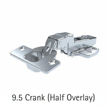 A professional-grade 9.5 crank half overlay concealed cabinet cup hinge made of durable nickel-plated steel. The image features a high-crank hinge arm and mounting plate with adjustment screws, designed for shared-partition cabinet door installations in kitchens and wardrobes.