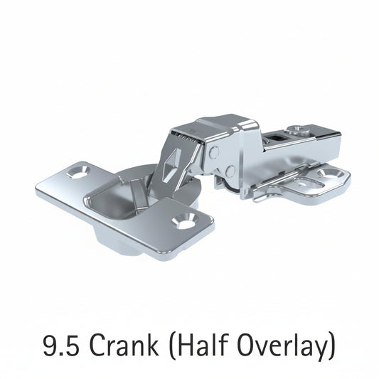 A professional-grade 9.5 crank half overlay concealed cabinet cup hinge made of durable nickel-plated steel. The image features a high-crank hinge arm and mounting plate with adjustment screws, designed for shared-partition cabinet door installations in kitchens and wardrobes.