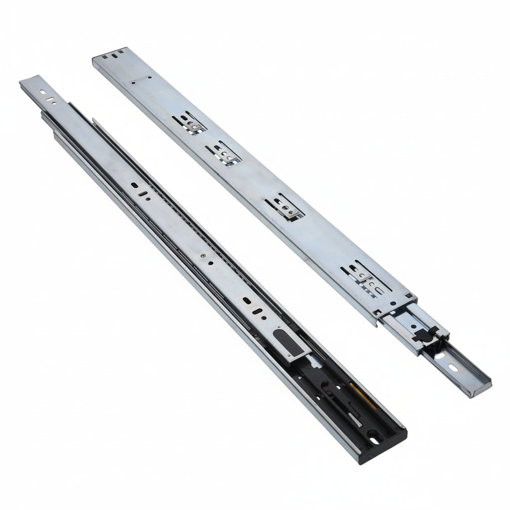 A pair of Aeron premium soft-close telescopic drawer channels featuring a high-grade galvanized steel construction with a 45kg load-bearing capacity. These heavy-duty full-extension slides include an integrated hydraulic soft-close mechanism and precision ball bearings to ensure silent, smooth, and effortless operation for residential and commercial cabinetry.