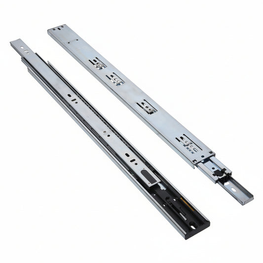 A pair of Aeron premium soft-close telescopic drawer channels featuring a high-grade galvanized steel construction with a 45kg load-bearing capacity. These heavy-duty full-extension slides include an integrated hydraulic soft-close mechanism and precision ball bearings to ensure silent, smooth, and effortless operation for residential and commercial cabinetry.