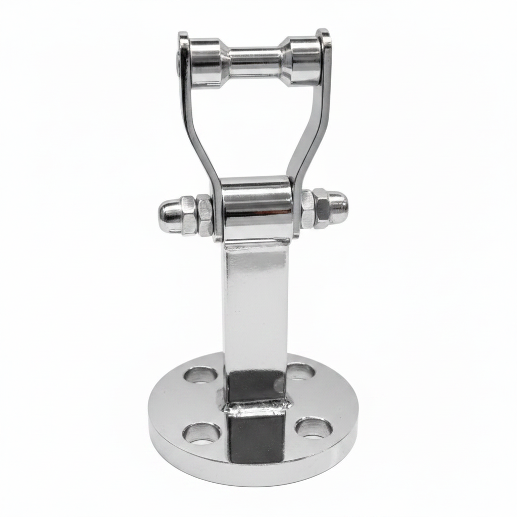 Premium chrome SS-304 stainless steel circle kada with a 4-hole round mounting plate and heavy-duty pivot bracket for secure jhula and indoor swing suspension.