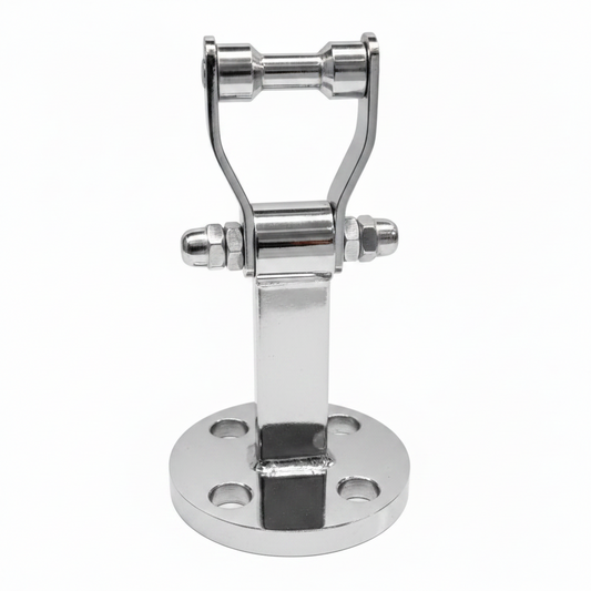 Premium chrome SS-304 stainless steel circle kada with a 4-hole round mounting plate and heavy-duty pivot bracket for secure jhula and indoor swing suspension.