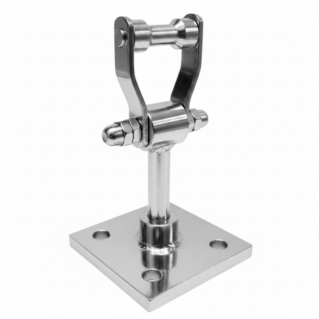 Chrome SS-304 stainless steel revolving kada with a square 4-hole mounting plate and 360-degree swivel bearing for heavy-duty jhula and swing suspension.