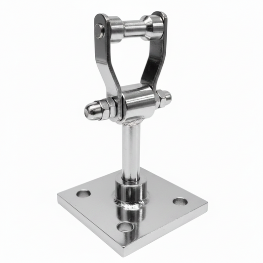 Chrome SS-304 stainless steel revolving kada with a square 4-hole mounting plate and 360-degree swivel bearing for heavy-duty jhula and swing suspension.