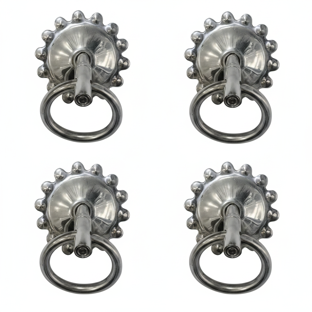Premium Chrome SS-304 stainless steel bottom kada with a decorative sunburst floral edge and heavy-duty pivot ring for securing jhula swing seats.