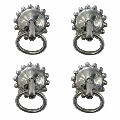 Premium Chrome SS-304 stainless steel bottom kada with a decorative sunburst floral edge and heavy-duty pivot ring for securing jhula swing seats.