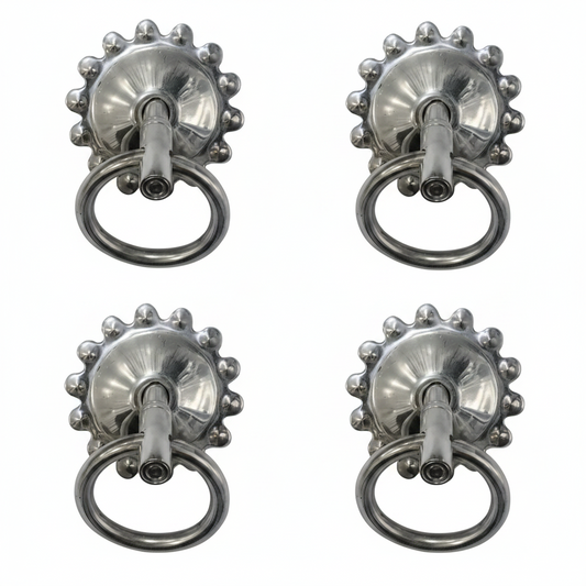 Premium Chrome SS-304 stainless steel bottom kada with a decorative sunburst floral edge and heavy-duty pivot ring for securing jhula swing seats.