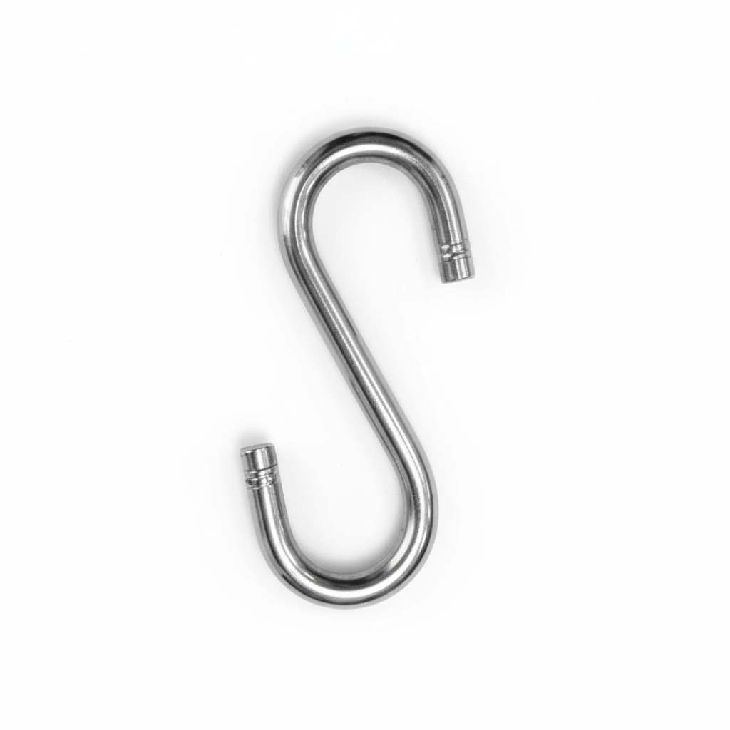 Heavy-duty chrome SS-304 stainless steel S-hook with decorative ribbed tips for securing jhula chains and traditional indoor swing sets.