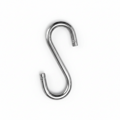 Heavy-duty chrome SS-304 stainless steel S-hook with decorative ribbed tips for securing jhula chains and traditional indoor swing sets.