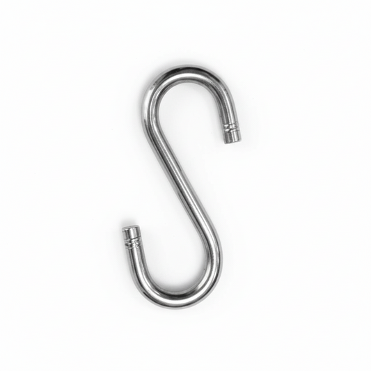 Heavy-duty chrome SS-304 stainless steel S-hook with decorative ribbed tips for securing jhula chains and traditional indoor swing sets.