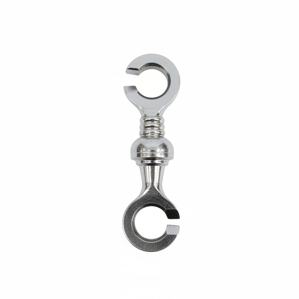 Polished stainless steel Dooma style jhula chain link with a rounded decorative center and open-ring connectors for heavy-duty swing sets.