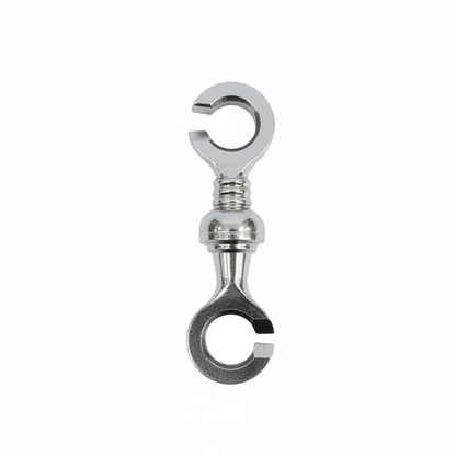Polished stainless steel Dooma style jhula chain link with a rounded decorative center and open-ring connectors for heavy-duty swing sets.