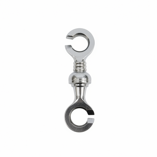 Polished stainless steel Dooma style jhula chain link with a rounded decorative center and open-ring connectors for heavy-duty swing sets.