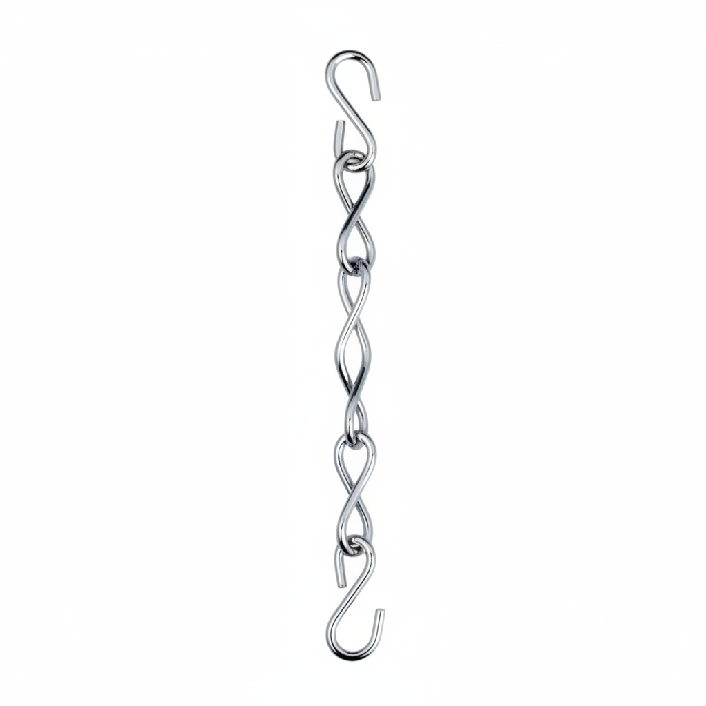 Chrome-finish stainless steel jhula chain featuring a twisted infinity link design and dual S-hook connectors for adjustable heavy-duty ceiling swing installation.