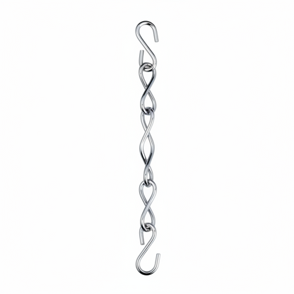 Chrome-finish stainless steel jhula chain featuring a twisted infinity link design and dual S-hook connectors for adjustable heavy-duty ceiling swing installation.
