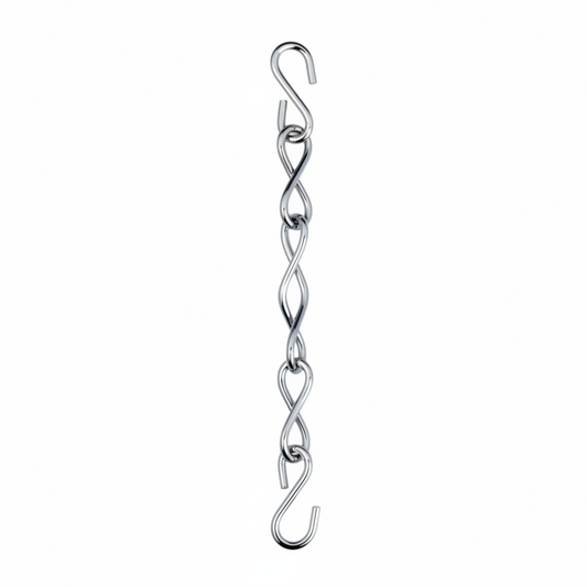 Chrome-finish stainless steel jhula chain featuring a twisted infinity link design and dual S-hook connectors for adjustable heavy-duty ceiling swing installation.