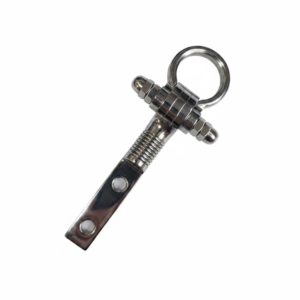 Chrome stainless steel bolt kada jhula hook with vertical mounting plate and dual adjustable nuts for heavy-duty ceiling swings.