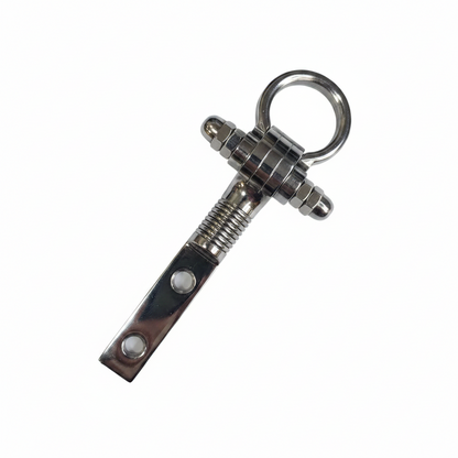 Chrome stainless steel bolt kada jhula hook with vertical mounting plate and dual adjustable nuts for heavy-duty ceiling swings.