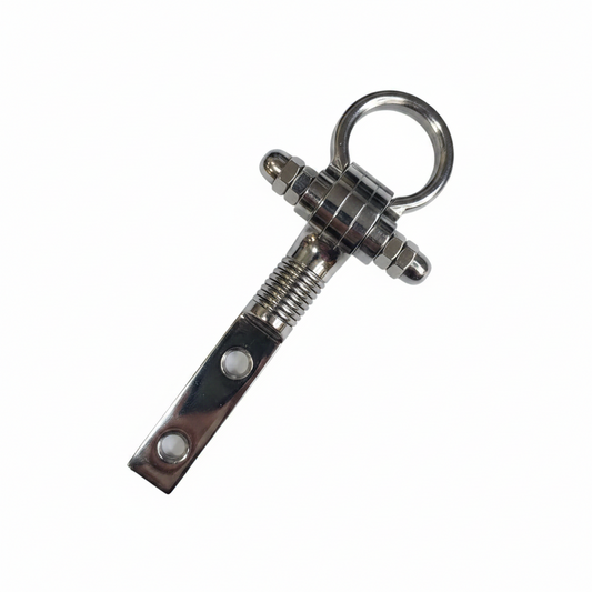 Chrome stainless steel bolt kada jhula hook with vertical mounting plate and dual adjustable nuts for heavy-duty ceiling swings.