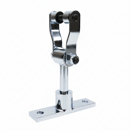 A professional-grade DLP105 T-Type Revolving Bearing Kada featuring a high-quality stainless steel body with a polished chrome finish. This heavy-duty ceiling hook is designed with an extended stem for versatile mounting, a dual-roller bearing system for silent 360-degree rotation, and a reinforced T-base mounting plate—ideal for hanging industrial ceiling fans, heavy-duty swings, and architectural lighting fixtures.