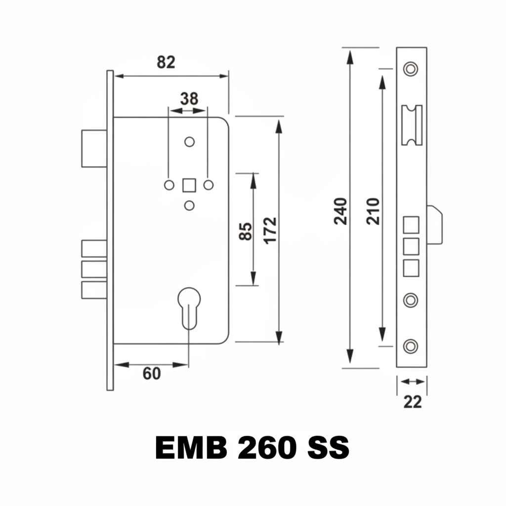 A detailed technical dimension drawing of a premium triple-bolt mortise lock body. The diagram provides essential installation measurements, including a 260 mm faceplate height, 85mm center-to-center distance, and a 60mm backset. This schematic is designed to help architects and locksmiths verify compatibility for wooden door hardware and high-security door handle sets.