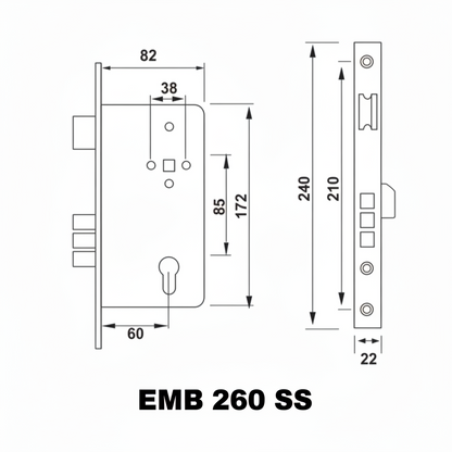 A detailed technical dimension drawing of a premium triple-bolt mortise lock body. The diagram provides essential installation measurements, including a 260 mm faceplate height, 85mm center-to-center distance, and a 60mm backset. This schematic is designed to help architects and locksmiths verify compatibility for wooden door hardware and high-security door handle sets.