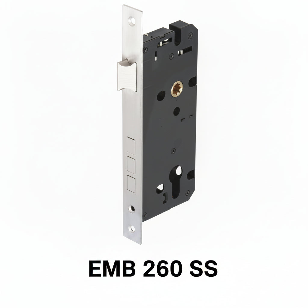 A premium heavy-duty mortise lock body featuring a high-security triple-bolt deadbolt mechanism and a reversible latch. The assembly showcases a durable brushed stainless steel faceplate and a reinforced black powder-coated internal case. Engineered for residential and commercial wooden doors, this professional hardware provides enhanced break-in resistance and is compatible with standard euro-profile cylinders and designer handle sets.