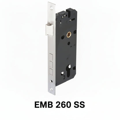 A premium heavy-duty mortise lock body featuring a high-security triple-bolt deadbolt mechanism and a reversible latch. The assembly showcases a durable brushed stainless steel faceplate and a reinforced black powder-coated internal case. Engineered for residential and commercial wooden doors, this professional hardware provides enhanced break-in resistance and is compatible with standard euro-profile cylinders and designer handle sets.