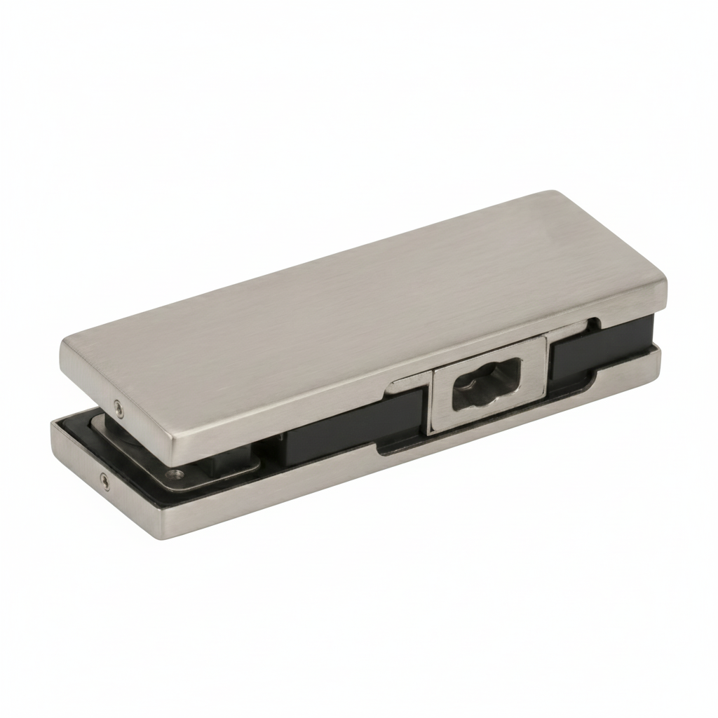 A premium bottom patch fitting for frameless glass doors, featuring a silver finish and a rectangular design. This architectural hardware includes a universal cutout for floor spring spindles, internal protective rubber gaskets, and a reinforced mounting system to ensure a secure, damage-free grip on glass panels. Ideal for modern commercial entryways and office partitions, providing a sleek and stable pivot point for heavy-duty glass door systems.