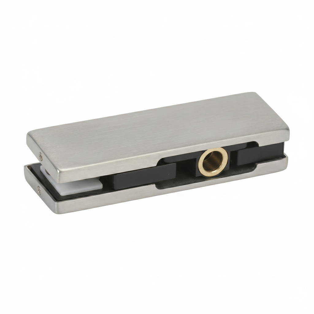 A premium top patch fitting for frameless glass doors, featuring a silver finish. This architectural hardware includes a reinforced brass pivot socket, internal protective gaskets, and a secure mounting system to ensure a stable, damage-free grip on glass panels. Ideal for modern commercial entryways and office partitions, providing a sleek and reliable top pivot point for architectural glass door systems.