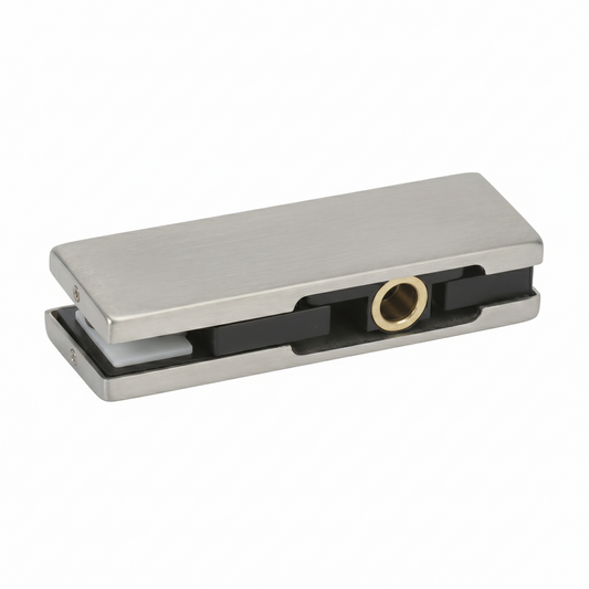 A premium top patch fitting for frameless glass doors, featuring a silver finish. This architectural hardware includes a reinforced brass pivot socket, internal protective gaskets, and a secure mounting system to ensure a stable, damage-free grip on glass panels. Ideal for modern commercial entryways and office partitions, providing a sleek and reliable top pivot point for architectural glass door systems.