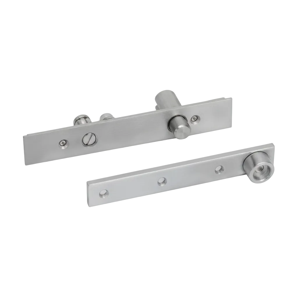 A high-quality two-piece door pivot hinge set made of brushed stainless steel, featuring a top pivot with an adjustable pin and a bottom pivot plate with mounting holes, designed for heavy-duty commercial and architectural door installations.