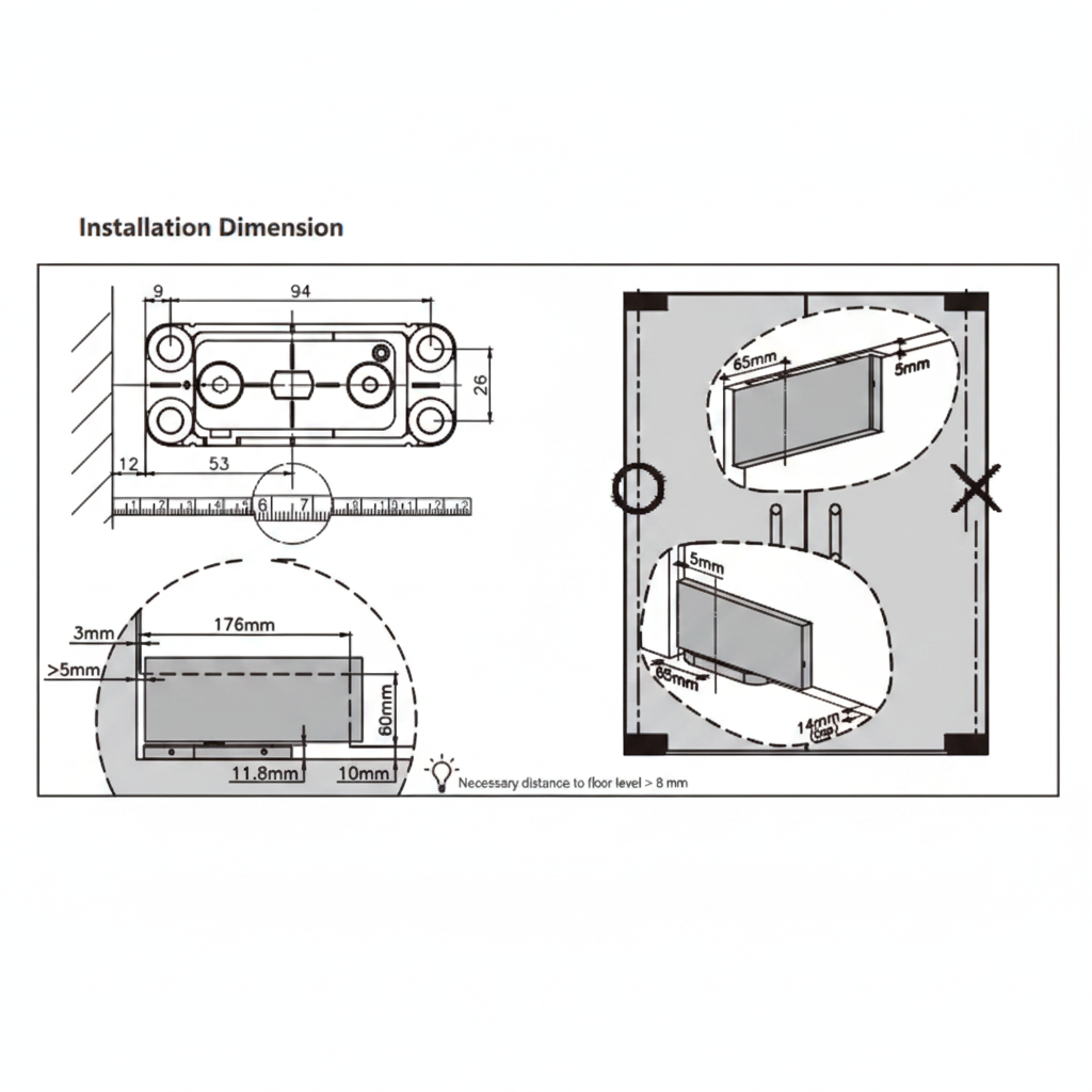 A technical installation dimension diagram for a glass door patch fitting, showing top-down and side profile measurements including a 176mm body length, 60mm height, and a required 8mm floor clearance for proper mounting.