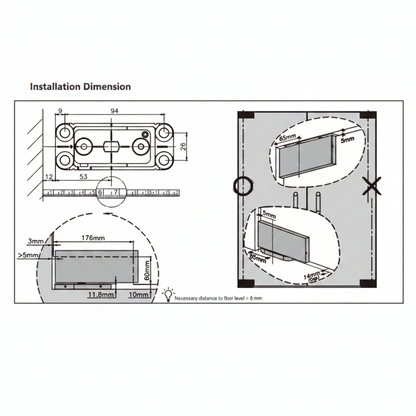 A technical installation dimension diagram for a glass door patch fitting, showing top-down and side profile measurements including a 176mm body length, 60mm height, and a required 8mm floor clearance for proper mounting.