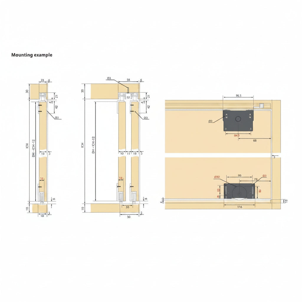 A technical mounting example diagram for the Enox ESLD 022 sliding door fitting, displaying cross-section and front views with precise installation dimensions in millimeters for single and double wardrobe door configurations.