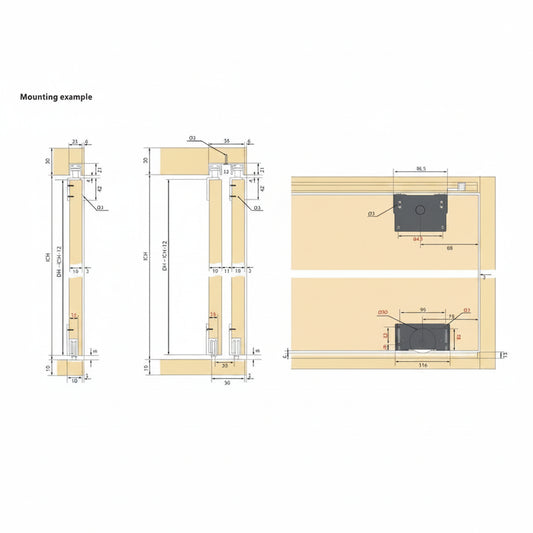 A technical mounting example diagram for the Enox ESLD 022 sliding door fitting, displaying cross-section and front views with precise installation dimensions in millimeters for single and double wardrobe door configurations.