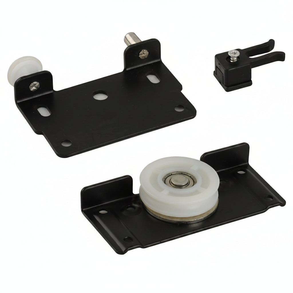 A complete sliding wardrobe door hardware kit featuring black powder-coated steel mounting plates, a large bottom nylon roller wheel with ball bearings, a top guide roller, and a black plastic door stopper.