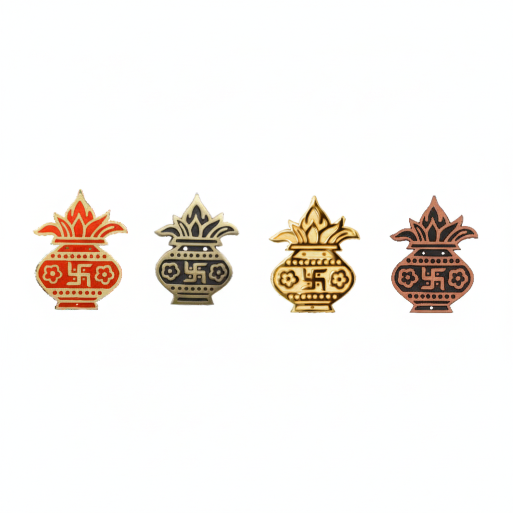 A set of four Fab2163WallKalash decorative Hindu Kalash symbols featuring the Swastika motif, shown in vibrant red enamel, antique brass, gold, and copper antique finishes for traditional pooja room and home entrance decoration