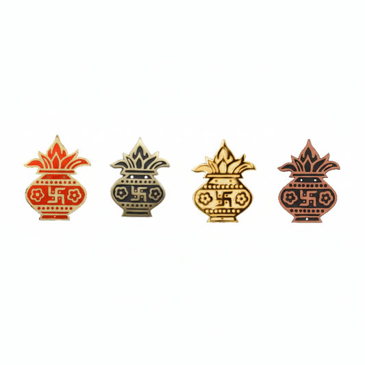 A set of four Fab2163WallKalash decorative Hindu Kalash symbols featuring the Swastika motif, shown in vibrant red enamel, antique brass, gold, and copper antique finishes for traditional pooja room and home entrance decoration