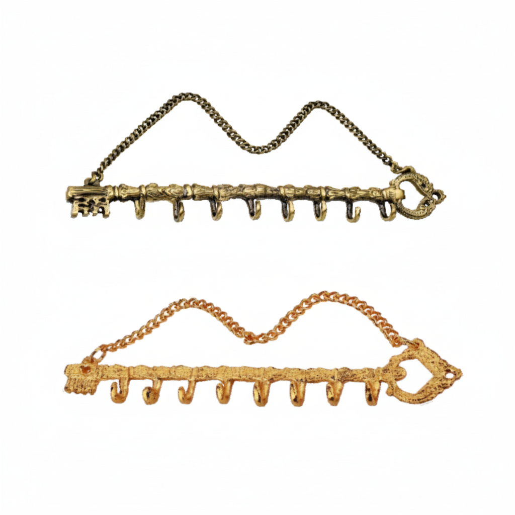 Two decorative wall hook racks shaped like large vintage skeleton keys, featuring eight small hooks each and an attached hanging chain. The two metallic finishes:  antique brass and gold.