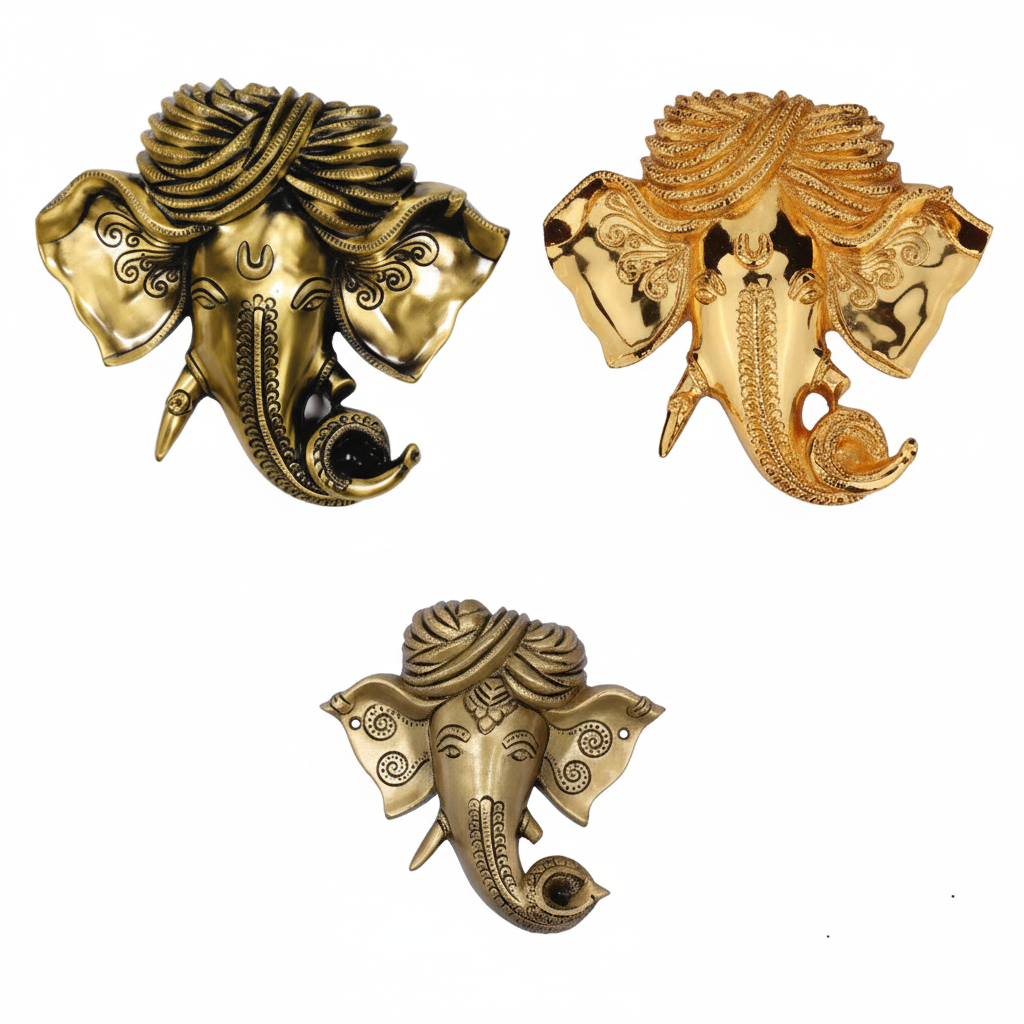 Lord Ganesha wall hangings featuring detailed faces with traditional turbans (pagdi) in various metallic finishes, including antique brass, polished gold, and weathered bronze, for home temple or entryway decoration.