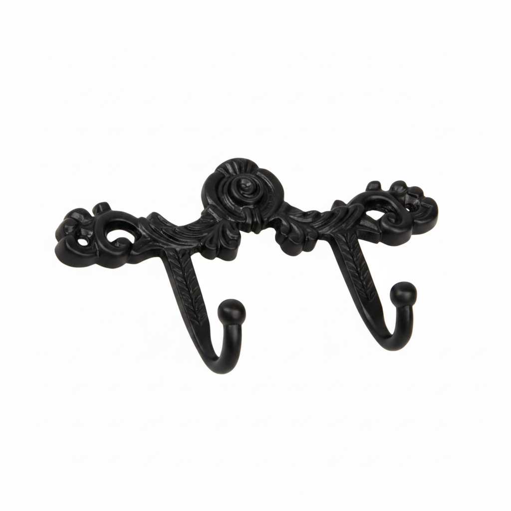 An ornate Victorian-style double wall hook featuring intricate scrollwork, a central floral rose motif, and acanthus leaf details in a sleek black finish. The decorative metal hardware includes two curved hooks with smooth ball tips, designed for hanging coats or accessories in a modern or classic interior.