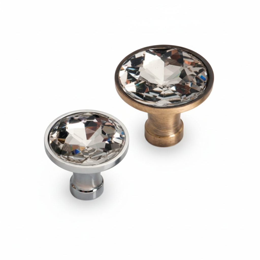 Two premium cabinet knobs featuring large diamond-cut faceted crystals set into metallic bases. The set displays two elegant finish options: a sleek  chrome and antique brass, designed for luxury kitchen cabinets, dressers, and vanity drawers.