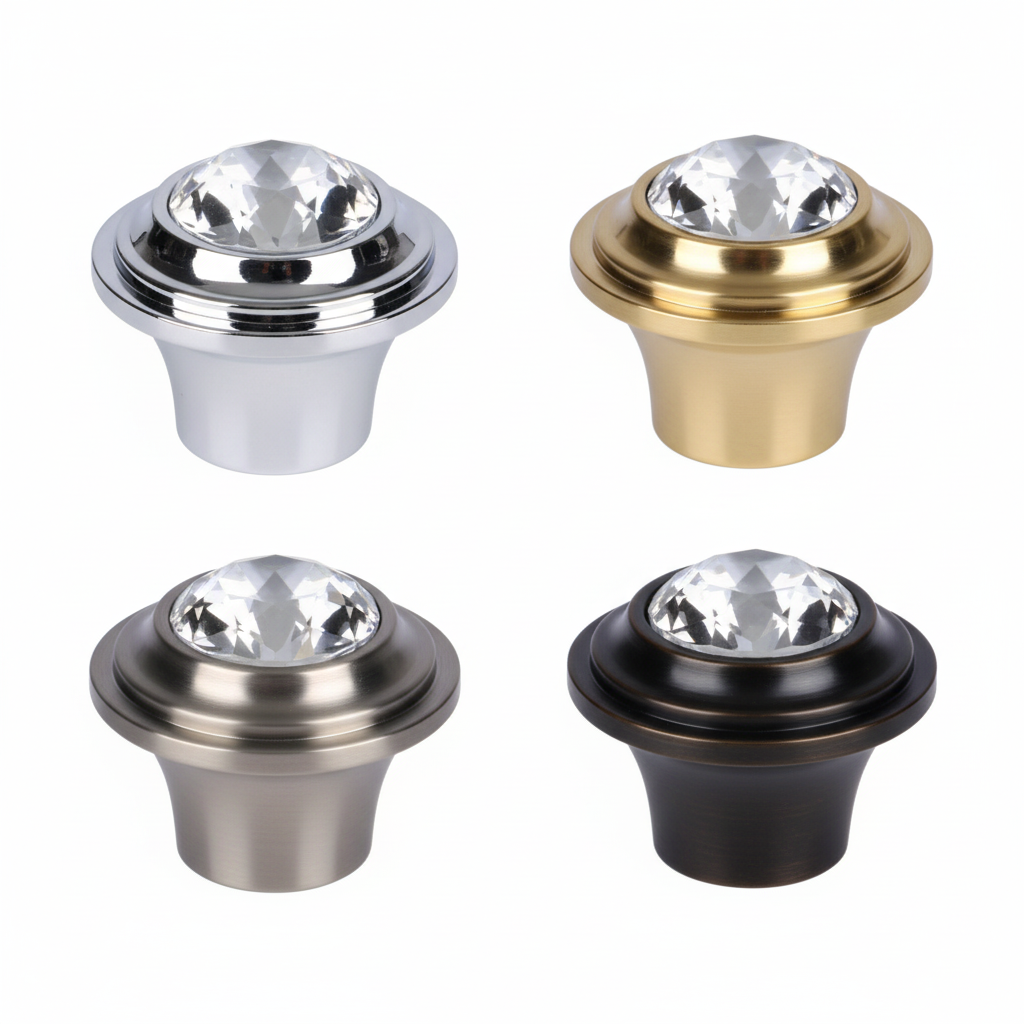 Four premium cabinet knobs featuring a large faceted clear crystal inset into circular metallic bases. The assortment displays four elegant finish options:  chrome,  gold, satin, and antique brass, designed for luxury kitchen cabinets, dressers, and vanity drawers.